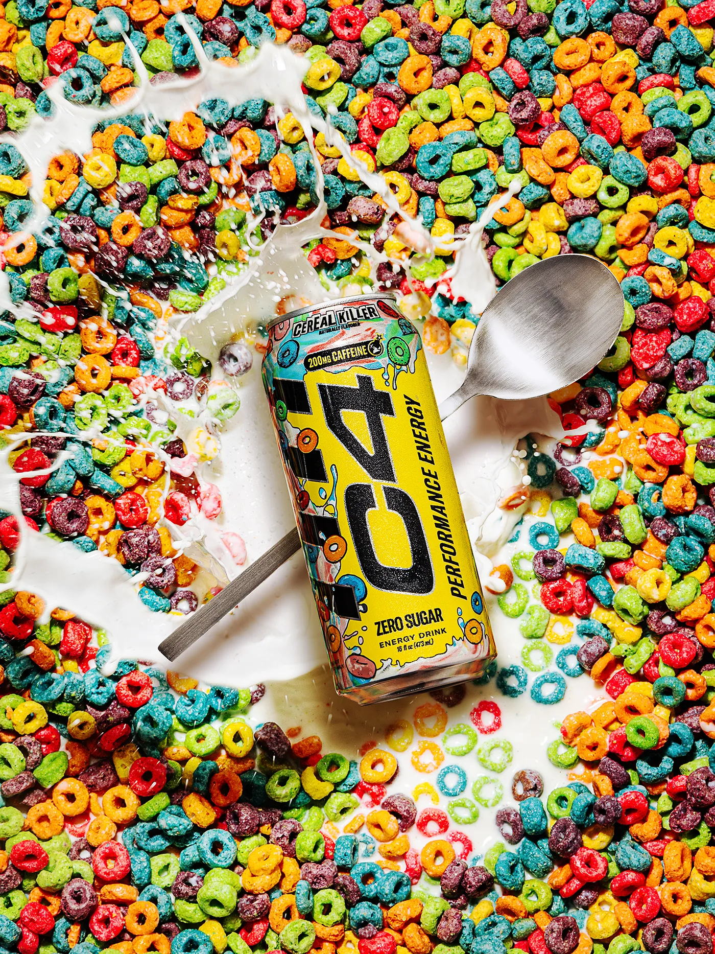 C4 Cereal Killer can and spoon surrounded by colorful cereal and milk