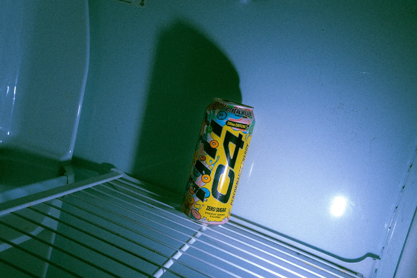 C4 Cereal Killer can framed inside a refrigerator