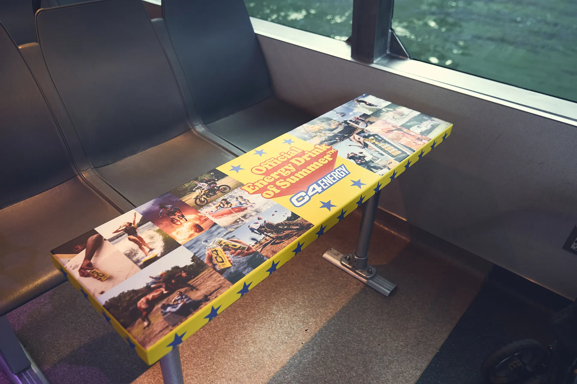 C4 Energy branded table wrap on the NYC ferry